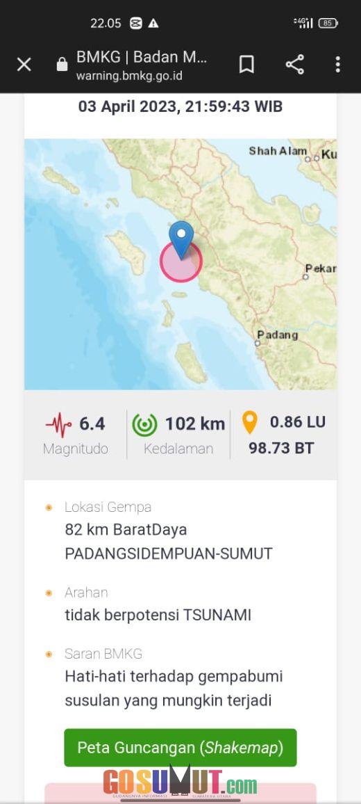 Pusat Gempa Magnitudo 6,4 di Padangsidimpuan Terasa Hingga ke Sibuhuan