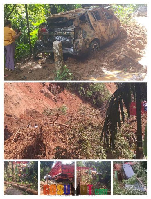 Tebing Gunung Jalan Lintas Sumatera Di Taput Longsor, 7 Mobil dan 1 Rumah Tertimpa