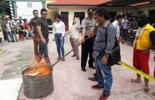 Polsek Percut Bakar 51 Kg Ganja Asal Aceh