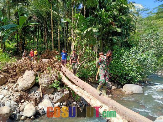 Jembatan Belum ada, Anak Desa Huta Tonga Lintasi Pohon Tumbang di Sungai