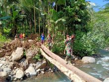 Jembatan Belum ada, Anak Desa Huta Tonga Lintasi Pohon Tumbang di Sungai