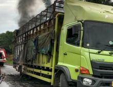 Tiang Listrik Tumbang, Truk Barang Hangus Terbakar di Jalan Lintas Torgamba Desa Aek Batu