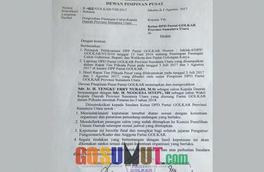 DPP Golkar Putuskan Erry-Ngogesa Maju pada Pilgubsu 2018