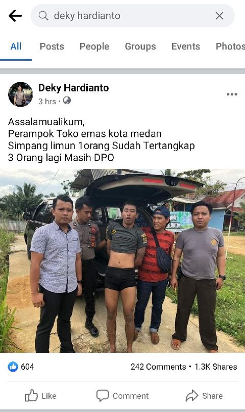 Postingan di Facebook Perampok Toko Mas Simpang Limun Ditangkap, Hoaks